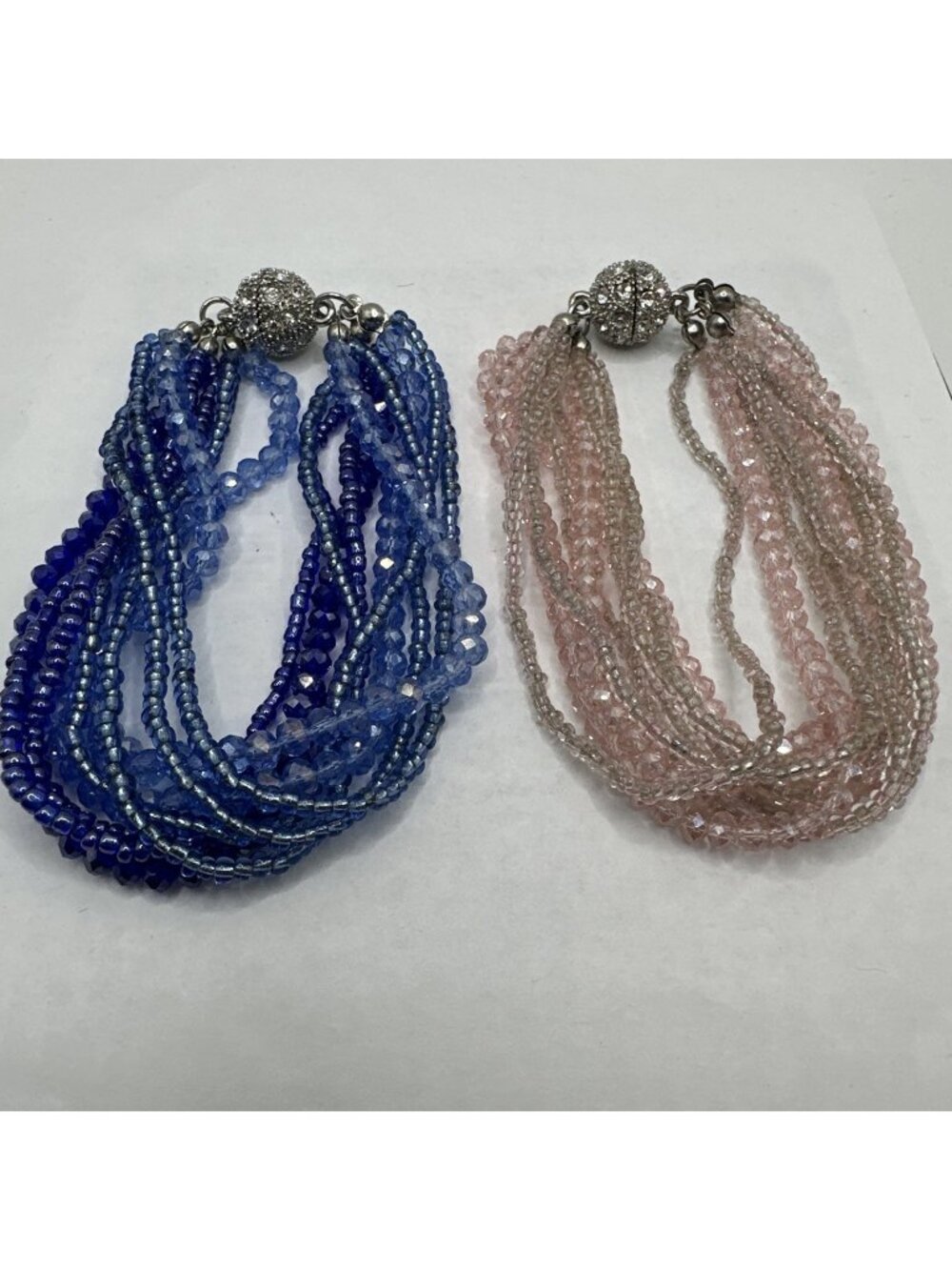 2 Premier designs 1 Blue 1 Pink Silver Seed Bead Pave Magnet Clasp Bracelets 7”